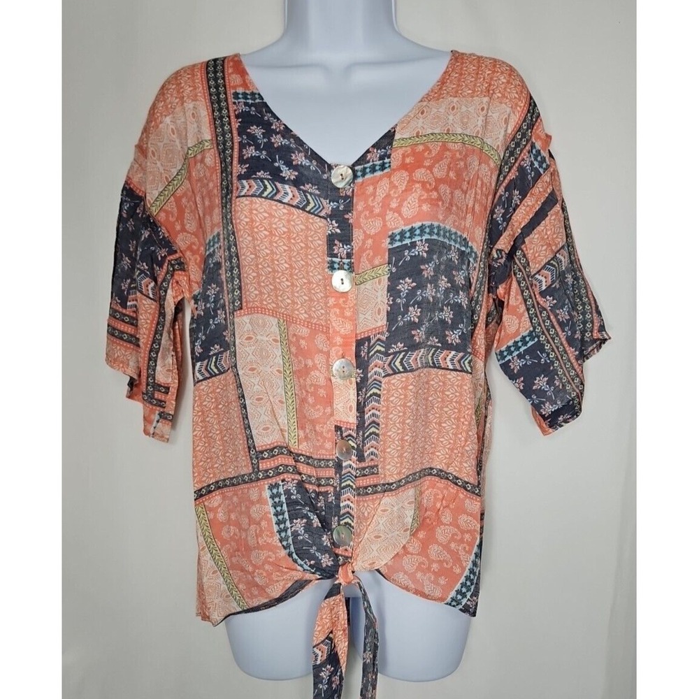 Notations Women's Floral Tie‎ Front Button-Up Short Sleeve Blouse Size Medium